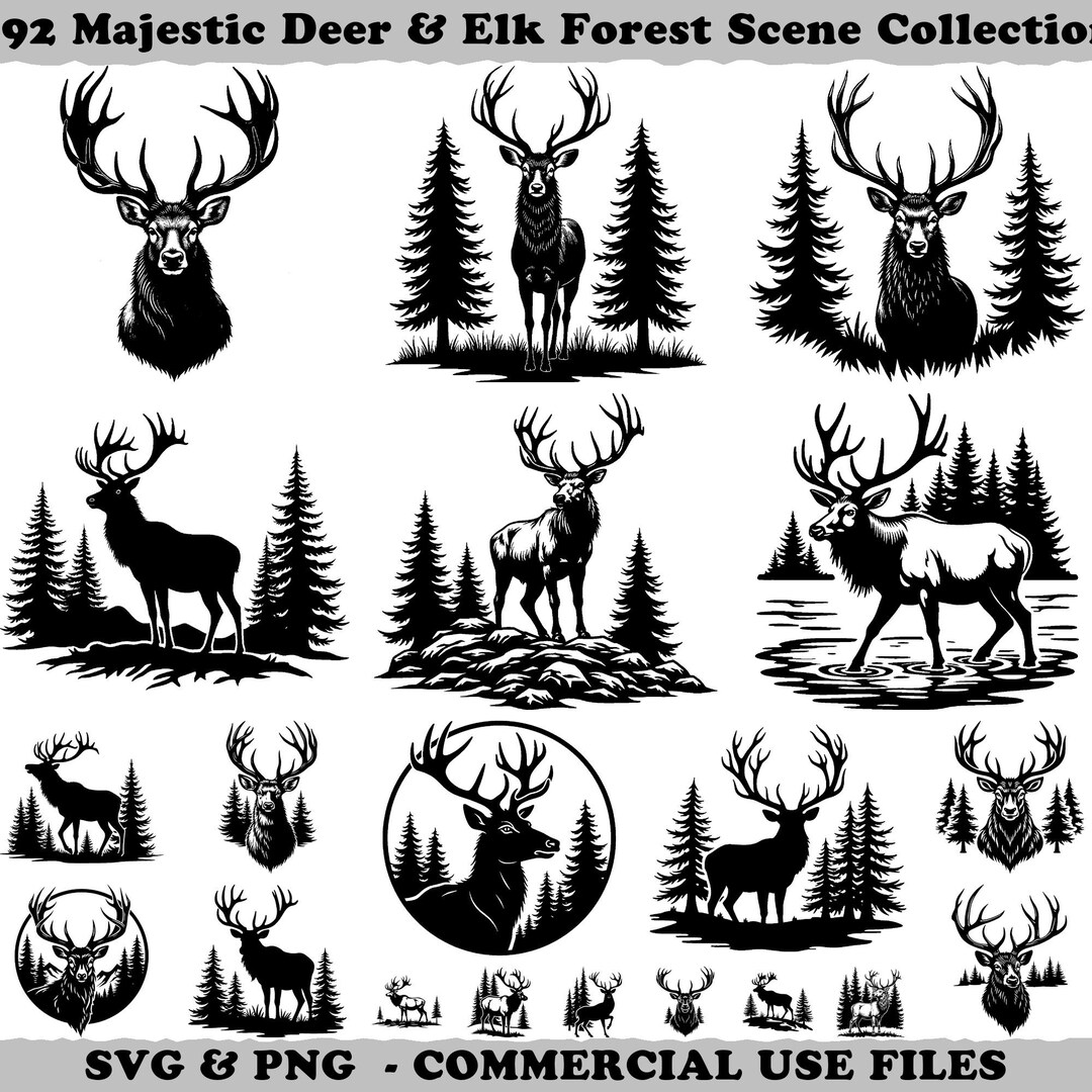 Deer & Elk Forest Scene: SVG PNG PDF Files (commercial Use) - Etsy