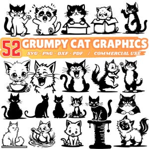 Könnte beinhalten: Eine Sammlung von 52 mürrischen Katzengrafiken in Schwarz und Weiß. Die Bilder zeigen verschiedene Katzenillustrationen mit unterschiedlichen Ausdrücken, Posen und Stilen. Der Text lautet "GRUMPY CAT GRAPHICS" und "SVG - PNG - DXF - PDF / COMMERCIAL USE".