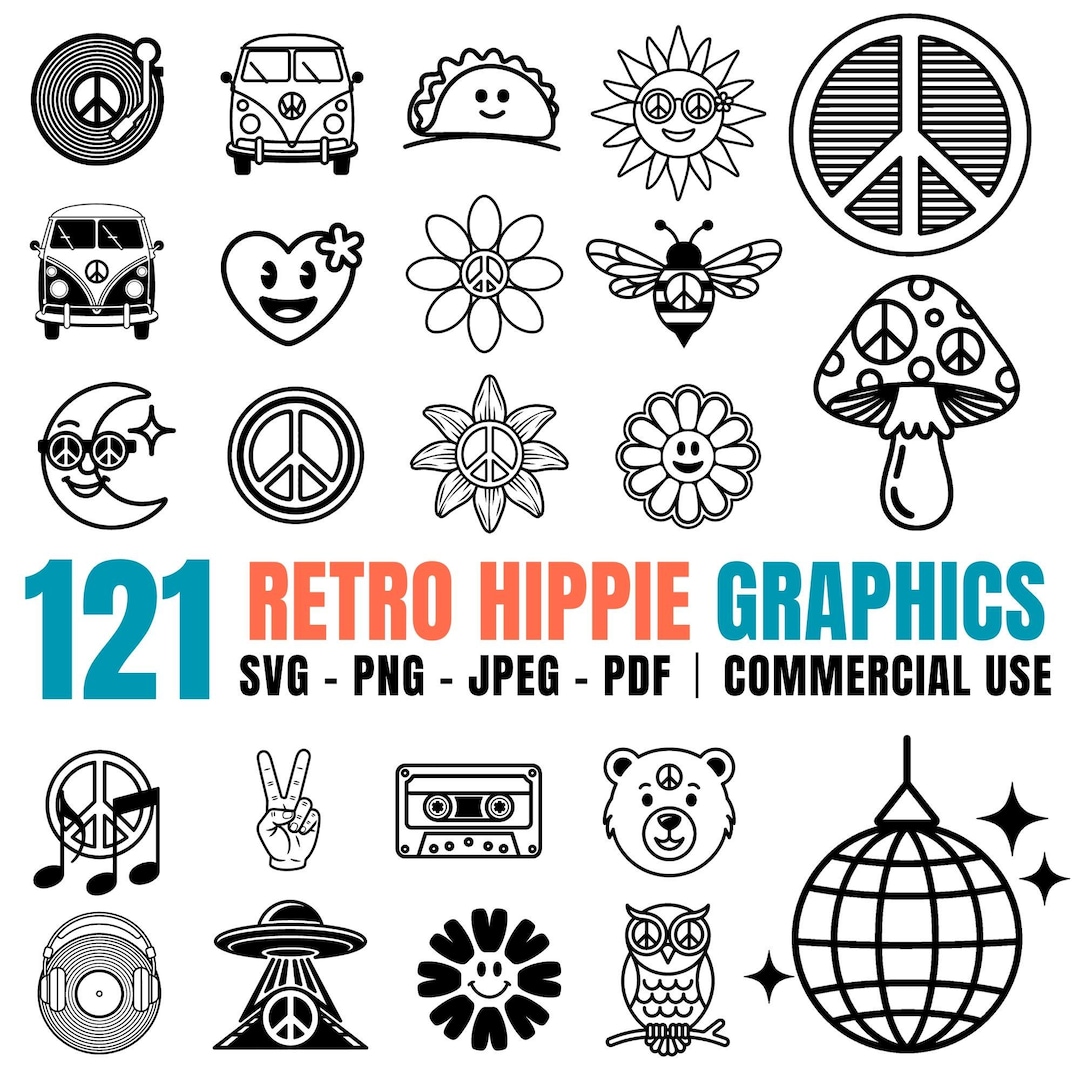 Retro Hippie Flower Power Bundle SVG PNG PDF Boho Psychedelic Vintage ...