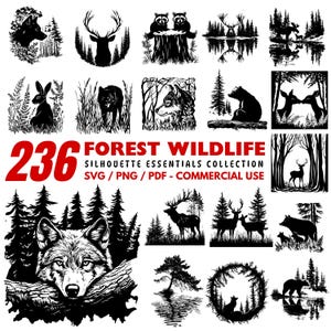 Puede incluir: Una colección de 236 diseños de siluetas de fauna forestal en blanco y negro. Las imágenes incluyen varios animales como ciervos, lobos, osos y mapaches, junto con árboles y escenas forestales. El texto dice "FOREST WILDLIFE SILHOUETTE ESSENTIALS COLLECTION".