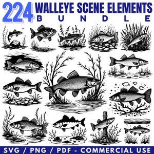 Walleye Fishing Scene SVG Bundle: Cricut Cut Files (Commercial Use, Instant Download)