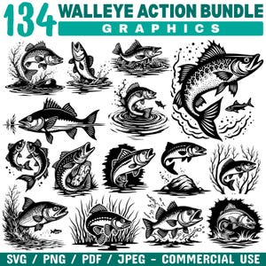 Op de afbeelding: Een verzameling van 134 zwart-wit afbeeldingen van snoekbaarzen in verschillende actieposities. De afbeelding bevat de tekst "WALLEYE ACTION BUNDLE GRAPHICS" en bestandstype-opties: SVG, PNG, PDF en JPEG. De afbeeldingen zijn voor commercieel gebruik.