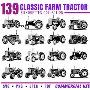 Könnte beinhalten: Eine Sammlung von 139 klassischen Traktorsilhouetten in Schwarz und Weiß. Das Bild zeigt verschiedene Traktordesigns mit dem Text "CLASSIC FARM TRACTOR SILHOUETTES COLLECTION" in Lila. Dateiformate: SVG, PNG, JPEG und PDF.