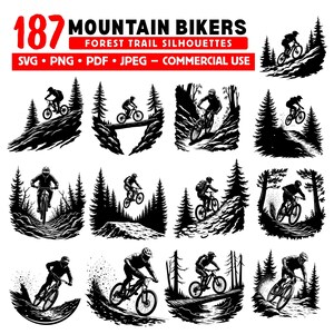 May include: A collection of black and white silhouettes depicting mountain bikers on forest trails. The image features 12 designs of cyclists navigating diverse terrains, with the text "187 MOUNTAIN BIKERS FOREST TRAIL SILHOUETTES" at the top.