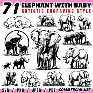 Elephant and Baby Engraving: SVG, PNG, PDF Files - Commercial Use