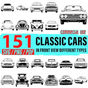 Puede incluir: Colección de 151 ilustraciones de coches clásicos en vista frontal, disponibles en formatos SVG, PNG y PDF. La imagen presenta varios modelos de coches antiguos en blanco y negro, con el texto "COMMERCIAL USE" y "151 CLASSIC CARS".