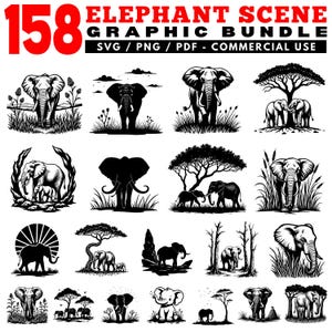 May include: A graphic bundle with 158 elephant scene designs in SVG, PNG, and PDF formats. The designs include black and white illustrations of elephants in various poses and settings, suitable for commercial use.