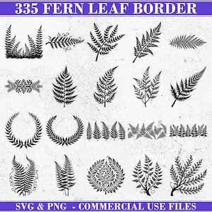 May include: A collection of black fern leaf designs in various styles. The image includes fern leaf borders, individual leaves, and wreath designs. Text at the top reads "335 FERN LEAF BORDER" and at the bottom "SVG & PNG - COMMERCIAL USE FILES".