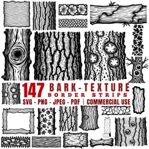 May include: A collection of 147 black and white bark texture border strips. The image includes various patterns, including tree bark, floral designs, and wood grain. The text "147 BARK-TEXTURE BORDER STRIPS" is displayed in red.