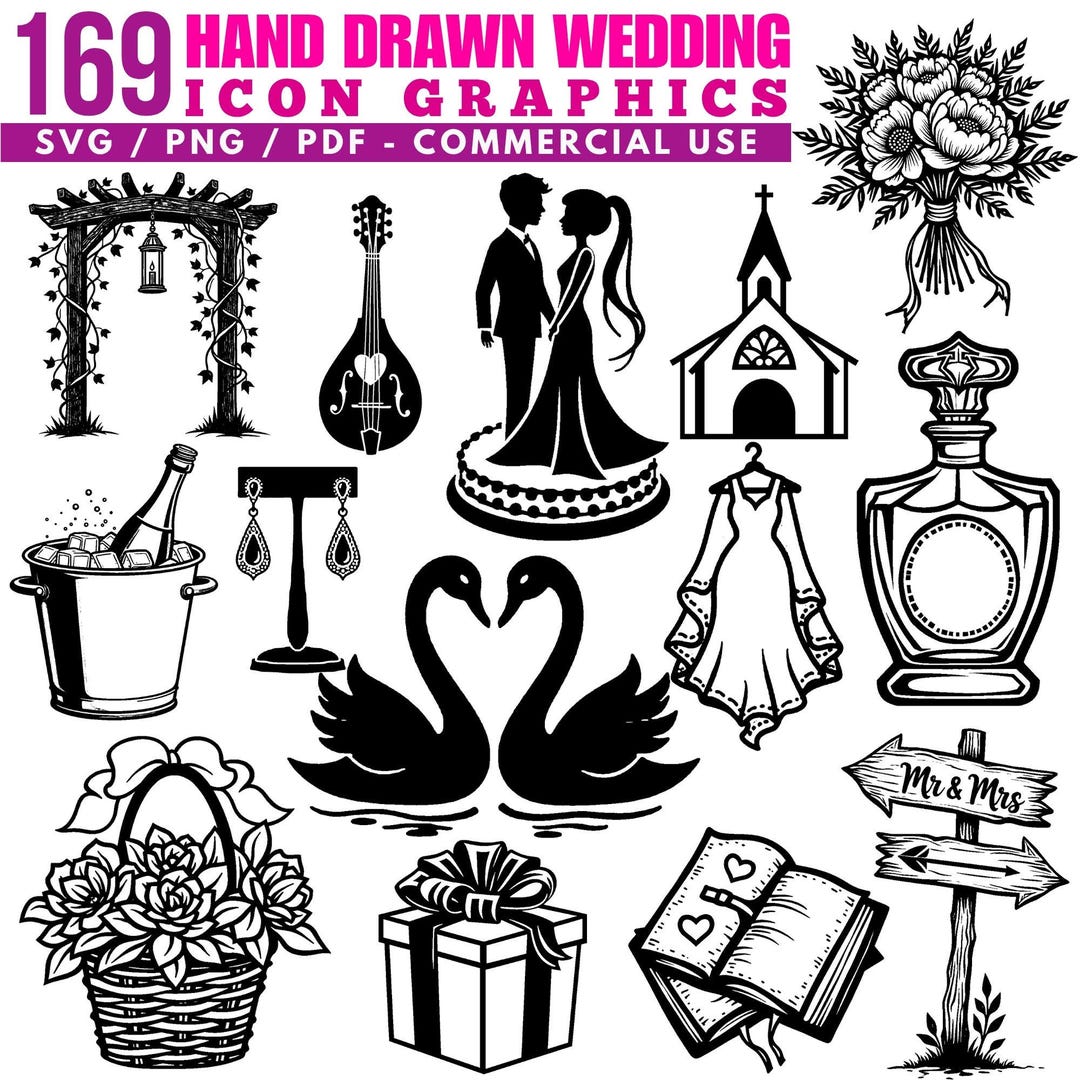 Hand Drawn Wedding Icon Graphics Svg Png Pdf Files Bundle Cricut Cut ...