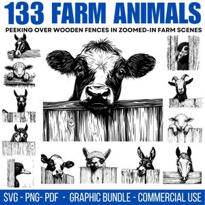 Op de afbeelding: Zwart-wit grafische bundel met 133 boerderijdieren die over houten hekken kijken. Bevat een koe, schaap, lama, eend, ezel en paard. Tekst luidt "133 FARM ANIMALS" en "PEEKING OVER WOODEN FENCES IN ZOOMED-IN FARM SCENES".