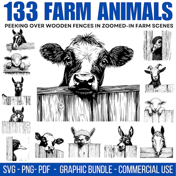 Farm Animals SVG Bundle: Peeking Over Fence, Commercial Use (PNG, PDF Files Included
