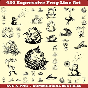 May include: A collection of 420 expressive frog line art illustrations in black and white. The frogs are depicted in various poses, including playing instruments, swinging, and holding flowers. Text at the top reads "420 Expressive Frog Line Art".