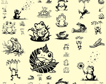 Frog Line Art Set, Expressive Clipart (SVG, PNG, PDF)