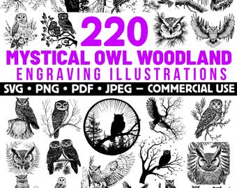 Owl Engraving Illustrations: Mystical Woodland Designs (SVG, PNG, PDF) Commercial Use