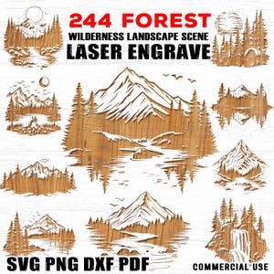 Puede incluir: Un conjunto de ocho diseños de madera cortados con láser que representan diferentes escenas de naturaleza salvaje, incluyendo montañas, árboles y ríos. Los diseños están etiquetados como "244 FOREST WILDERNESS LANDSCAPE SCENE LASER ENGRAVE" y "SVG PNG DXF PDF COMMERCIAL USE".