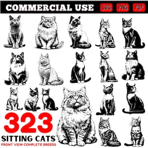 Sitting Cats Breed Clipart: SVG, PNG, PDF Files (Commercial Use, Instant Download)