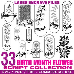 Laser Engrave Files Birth Month Flower Script Collection bundle Svg Png Pdf coaster files | instant download | Commercial use engraving png