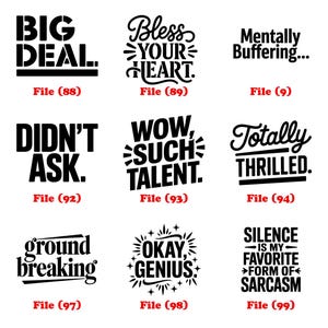 K&ouml;nnte beinhalten: Eine Sammlung von schwarz-wei&szlig;en Textdesigns mit verschiedenen Spr&uuml;chen wie "Yikes Forever", "Big Deal" und "Wow, You're Cool". Jedes Design hat eine Dateinummer, geeignet f&uuml;r Wandkunst oder Grafikdesign-Projekte.