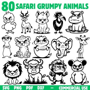Puede incluir: Un gráfico digital con 80 "Animales Gruñones de Safari" en blanco y negro. La imagen muestra varios animales de dibujos animados, como un león, un elefante y una jirafa, cada uno con una expresión de enfado. La imagen también incluye los tipos de archivo: SVG, PNG, PDF y DXF.