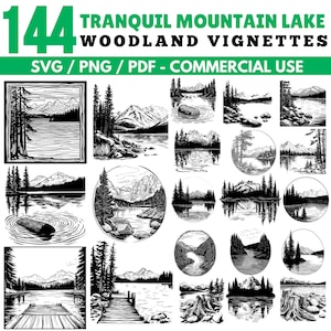 Tranquil Mountain Lake Woodland Vignettes Svg Png Pdf files bundle cricut cut files | instant download | Commercial use
