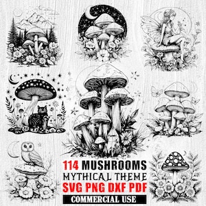 Peut inclure: Illustration numérique en noir et blanc de 114 champignons sur un thème mythique. Les champignons sont dessinés dans une variété de formes et de tailles, certains présentant des détails complexes. L'image comprend le texte "114 Mushrooms Mythical Theme SVG PNG DXF PDF Commercial Use".