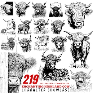 Presentación de personajes de vacas de las Tierras Altas encantadoras: archivos Svg, PNG y PDF, paquete de archivos cortados / descarga instantánea / uso comercial