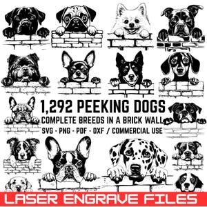 Peeking Dogs Laser Engrave Files: Brick Wall Breeds Bundle (SVG, PNG, PDF) Commercial Use