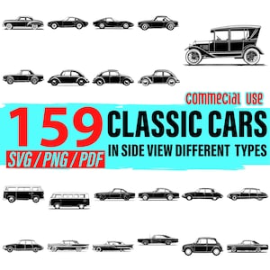 Puede incluir: Ilustraciones en blanco y negro de 159 coches clásicos, vistos de perfil. La imagen presenta varios modelos de coches, un coche antiguo y el texto "159 CLASSIC CARS IN SIDE VIEW DIFFERENT TYPES" y "SVG / PNG / PDF".