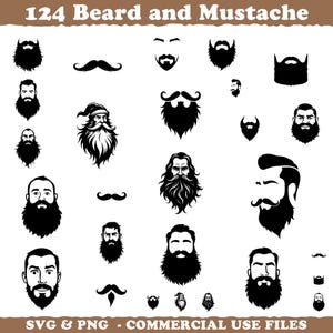 May include: A collection of 124 beard and mustache designs in black and white. The image includes various styles of facial hair, from full beards to neatly trimmed mustaches. The text "SVG & PNG - COMMERCIAL USE FILES" is at the bottom.