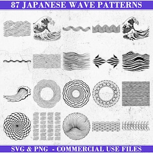May include: A collection of 87 Japanese wave patterns in black and white. The designs include various wave styles, swirls, and circular motifs. Text at the top reads "87 Japanese Wave Patterns". The bottom text says "SVG & PNG - COMMERCIAL USE FILES".