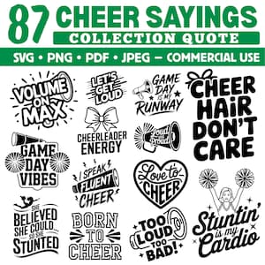 May include: A collection of 87 cheerleading sayings in black and white, featuring phrases such as "Cheer Hair Don't Care" and "Stuntin' is my Cardio." The image also includes the text "SVG • PNG • PDF • JPEG - COMMERCIAL USE."