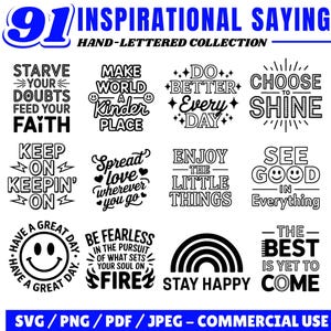 Inspirational Sayings SVG Bundle: Hand-Lettered Positive Quotes (Commercial Use, Digital Download