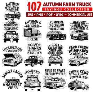 Könnte beinhalten: Eine Sammlung von 107 Designs zum Thema Herbst, mit Pick-up-Trucks, Kürbissen und Herbstsprüchen in Schwarz-Weiß. Enthält Sätze wie "Ernte-Vibes". Formate: SVG, PNG, PDF, JPEG für kommerzielle Nutzung.