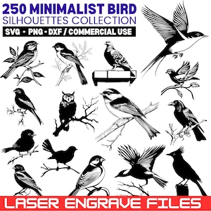 Puede incluir: Una colección de 250 siluetas de pájaros minimalistas en blanco y negro. La imagen incluye varias ilustraciones de pájaros posados en ramas, con el texto "250 MINIMALIST BIRD SILHOUETTES COLLECTION" y "LASER ENGRAVE FILES".