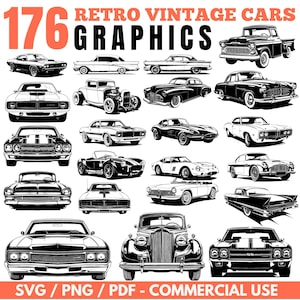 May include: A collection of 176 retro vintage car graphics in black and white. The image includes various classic car illustrations, with text that reads "RETRO VINTAGE CARS GRAPHICS" and "SVG / PNG / PDF - COMMERCIAL USE".