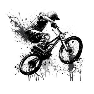 May include: Black and white illustration of a person riding a mountain bike, performing a jump. The image features a splatter effect, adding a dynamic feel. The rider is wearing a helmet and riding gear.