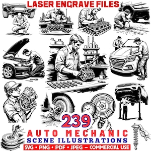 May include: Black and white illustrations of auto mechanics working on various car parts. The image includes text that reads "LASER ENGRAVE FILES" and "239 AUTO MECHANIC SCENE ILLUSTRATIONS SVG PNG PDF JPEG - COMMERCIAL USE."