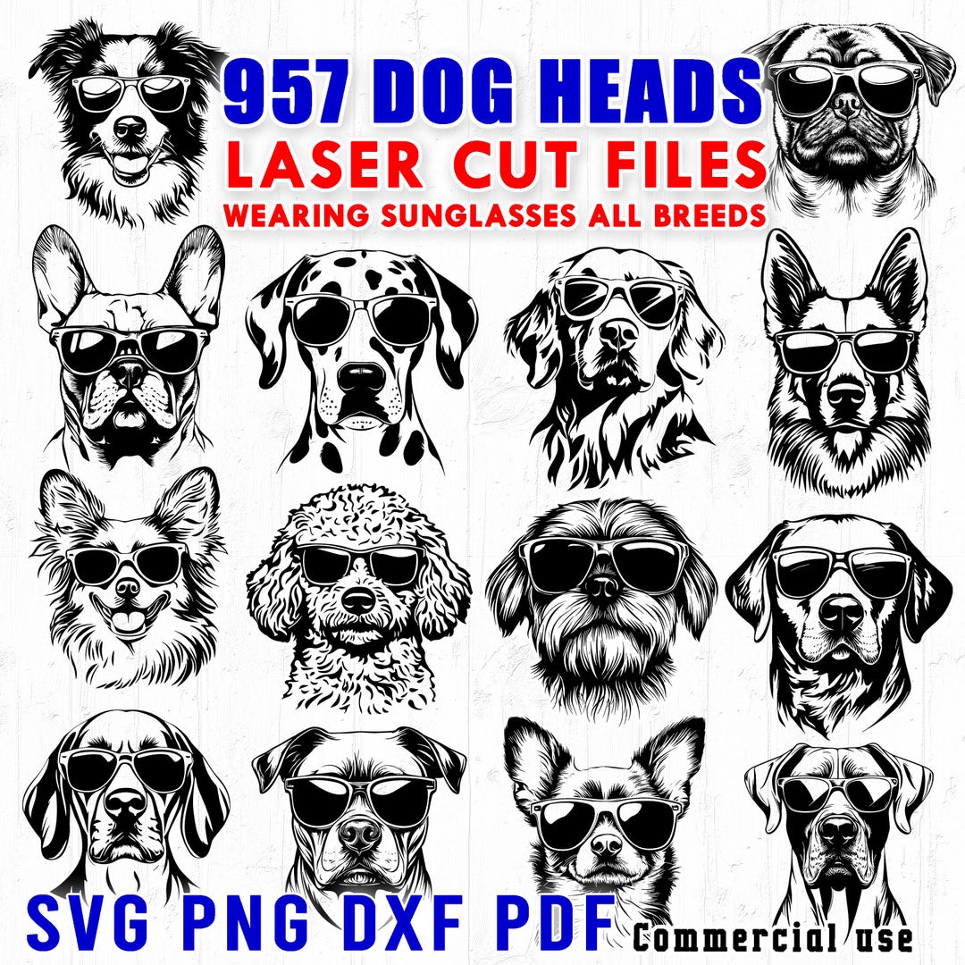 Laser Cut Files 950 Dog Heads Wearing Sunglasses All Breeds Cuttable ...
