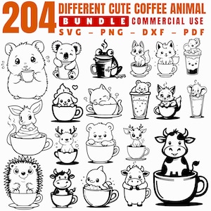 Może przedstawiać: Czarno-białe ilustracje różnych zwierząt, w tym chomika, koali i lisa, z filiżanką kawy. Obraz zawiera tekst "204 DIFFERENT CUTE COFFEE ANIMAL BUNDLE COMMERCIAL USE SVG - PNG - DXF - PDF".