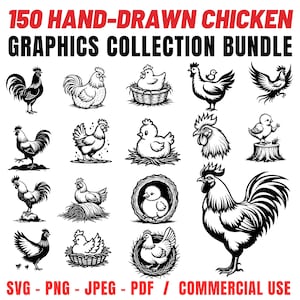 Hand-Drawn Chicken Graphics Bundle: SVG, PNG, PDF Files (Commercial Use, Digital Download)