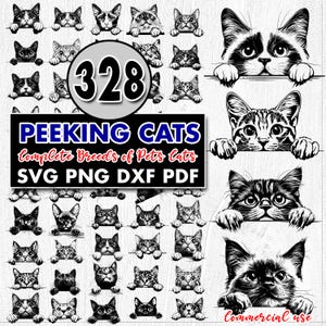 Puede incluir: Una descarga digital de 328 ilustraciones en blanco y negro de diferentes razas de gatos asomándose por encima de una superficie. El texto "Peeking Cats" está en rojo y blanco, y el texto "Complete Breeds of Pets Cats" está en negro. El texto "SVG PNG DXF PDF" está en blanco. El texto "Commercial Use" está en negro.