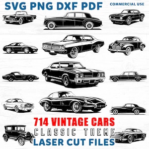 May include: A collection of 714 vintage car SVG, PNG, DXF, and PDF laser cut files. The image shows a variety of classic cars in black and white.
