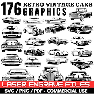 Op de afbeelding: Zwart-wit grafische illustraties van 176 retro vintage auto's. De afbeelding bevat verschillende klassieke automodellen. De tekst bovenaan luidt "RETRO VINTAGE CARS GRAPHICS". De tekst onderaan luidt "LASER ENGRAVE FILES SVG / PNG / PDF - COMMERCIAL USE".