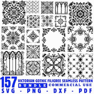 Puede incluir: Una colección de 157 patrones sin costuras de filigrana gótica victoriana en blanco y negro. La imagen incluye varios diseños florales y geométricos, bordes y marcos. El texto en la parte inferior dice "BUNDLE COMMERCIAL USE SVG - PNG - DXF - PDF".