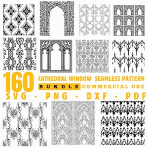 Katedralfönster gotiskt filigran sömlöst mönster SVG-paket, utsmyckade kyrkfönster upprepade designer för Cricut Crafts direktnedladdningar