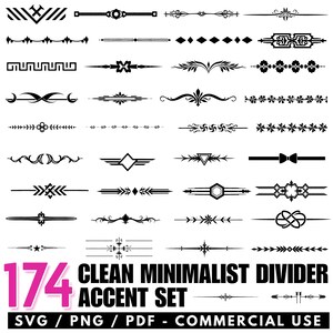 May include: A collection of 174 clean, minimalist divider accent designs in black. The image includes various decorative lines, borders, and graphic elements. Text at the bottom reads "CLEAN MINIMALIST DIVIDER ACCENT SET" and "SVG / PNG / PDF - COMMERCIAL USE."