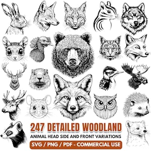Peut inclure: Illustrations détaillées en noir et blanc de têtes d'animaux de la forêt, dont un lapin, un renard, un ours, un hibou et un cerf. Le texte "247 DETAILED WOODLAND ANIMAL HEAD SIDE AND FRONT VARIATIONS SVG / PNG / PDF - COMMERCIAL USE" est inclus.