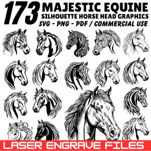 Puede incluir: Una colección de 173 gráficos de cabezas de caballos silueta equina majestuosa en formatos SVG, PNG y PDF. Las ilustraciones en blanco y negro son adecuadas para uso comercial y grabado láser.