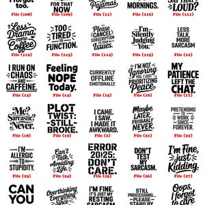 K&ouml;nnte beinhalten: Eine Sammlung von schwarz-wei&szlig;en textbasierten Designs mit humorvollen Phrasen und Spr&uuml;chen. Die Designs werden auf wei&szlig;em Hintergrund pr&auml;sentiert und bieten eine Vielzahl von witzigen Aussagen f&uuml;r verschiedene Stimmungen und Situationen.